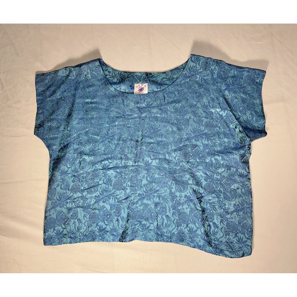 Global Village 100% Silk Jacquard Brocade Teal Crop Top Women's Medium